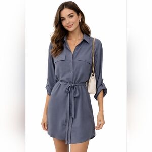 Express Slate Blue Long Sleeve Shirt Dress